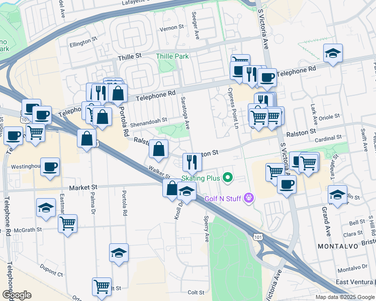 map of restaurants, bars, coffee shops, grocery stores, and more near 5284 Shiloh Way in Ventura