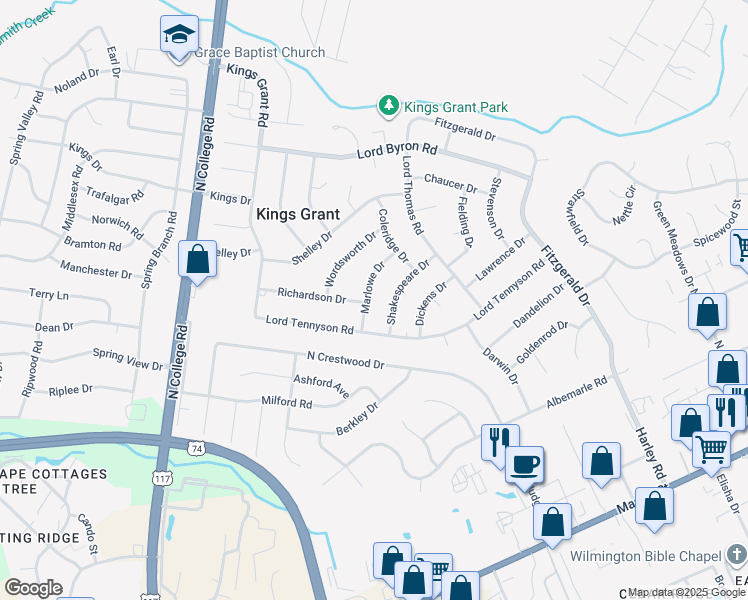map of restaurants, bars, coffee shops, grocery stores, and more near 902 Marlowe Drive in Wilmington