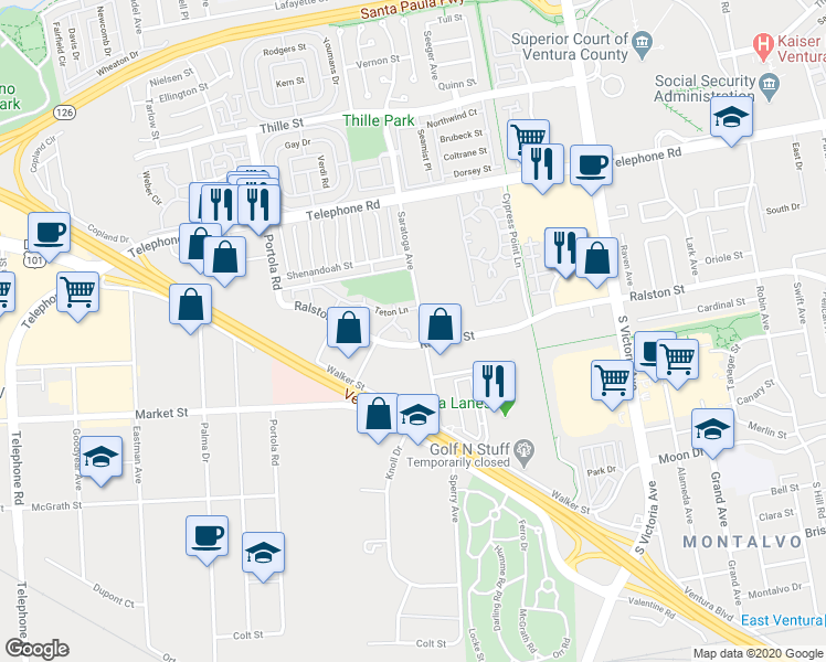map of restaurants, bars, coffee shops, grocery stores, and more near 5284 Shiloh Way in Ventura