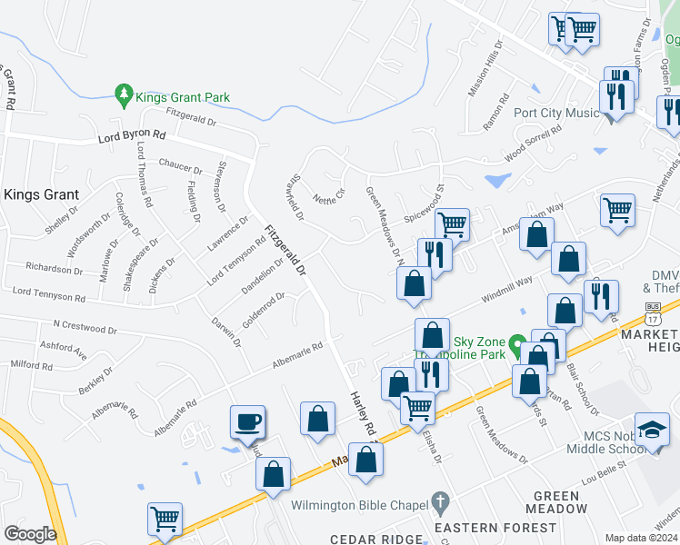 map of restaurants, bars, coffee shops, grocery stores, and more near 716 Bracken Fern Drive in Wilmington
