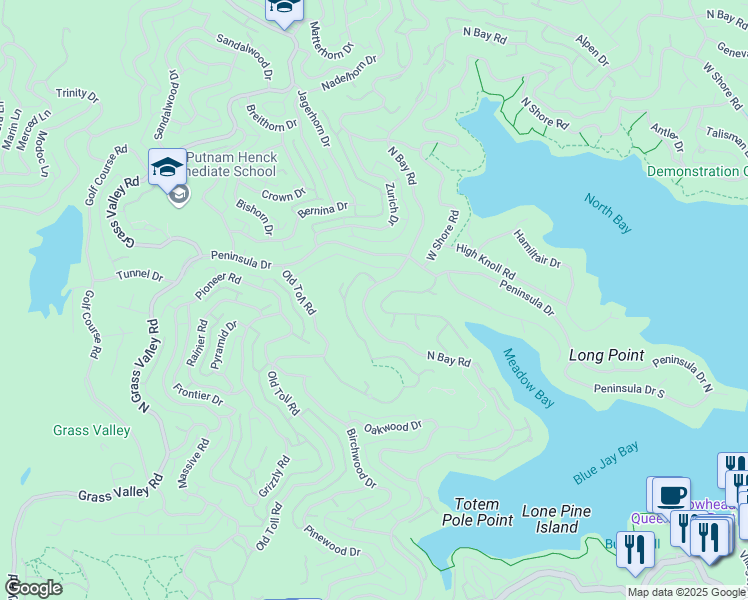 map of restaurants, bars, coffee shops, grocery stores, and more near 27442 Meadow Bay Drive in Lake Arrowhead