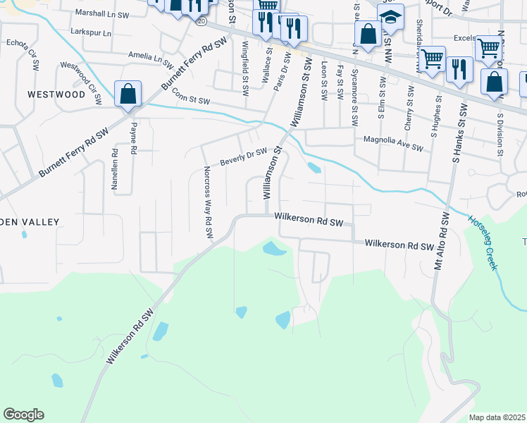 map of restaurants, bars, coffee shops, grocery stores, and more near 400 Wilkerson Road Southwest in Rome