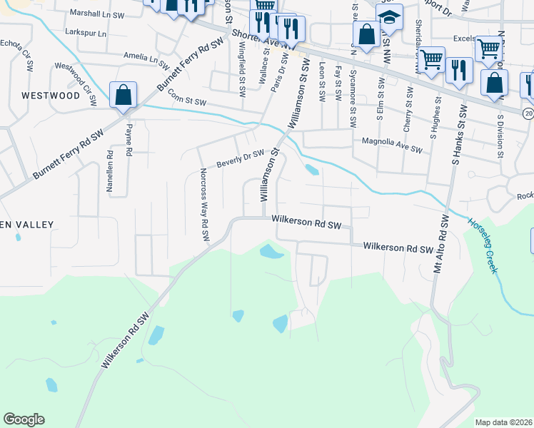 map of restaurants, bars, coffee shops, grocery stores, and more near 400 Wilkerson Road Southwest in Rome