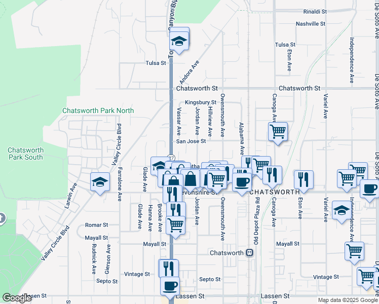 map of restaurants, bars, coffee shops, grocery stores, and more near 10432 Vassar Avenue in Los Angeles