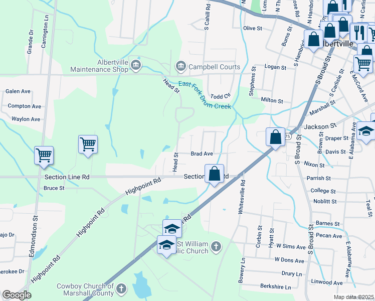 map of restaurants, bars, coffee shops, grocery stores, and more near 523A Brad Avenue in Albertville