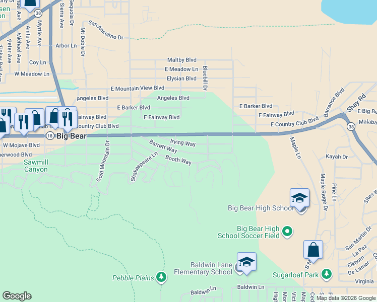 map of restaurants, bars, coffee shops, grocery stores, and more near 629 Barrett Way in Big Bear