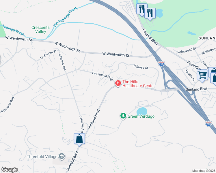 map of restaurants, bars, coffee shops, grocery stores, and more near 9522 La Canada Way in Los Angeles