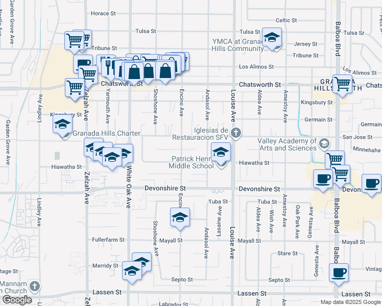 map of restaurants, bars, coffee shops, grocery stores, and more near 17432 Minnehaha Street in Los Angeles