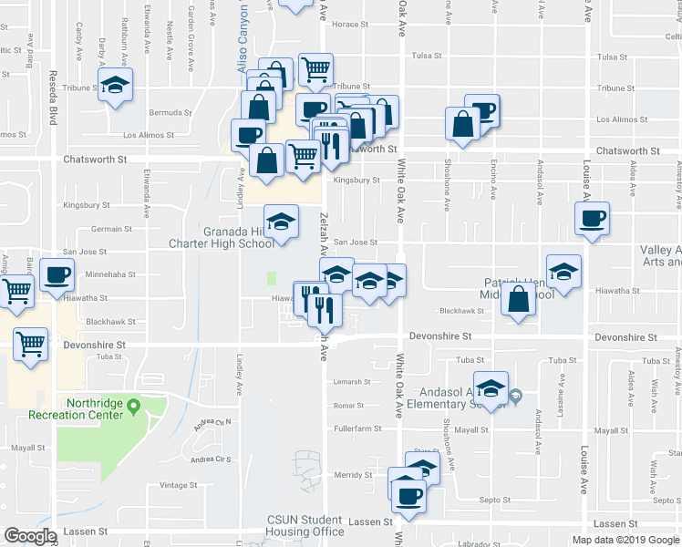 map of restaurants, bars, coffee shops, grocery stores, and more near 17851 Hiawatha Street in Los Angeles
