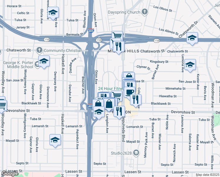 map of restaurants, bars, coffee shops, grocery stores, and more near 10432 Langdon Avenue in Los Angeles