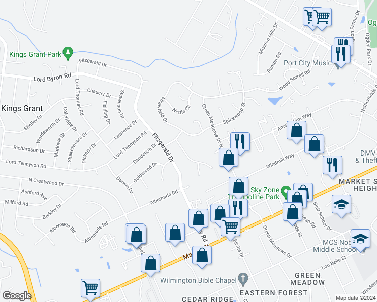 map of restaurants, bars, coffee shops, grocery stores, and more near 716 Bracken Fern Drive in Wilmington
