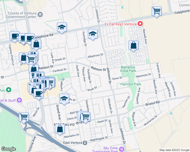 map of restaurants, bars, coffee shops, grocery stores, and more near 6626 Sora Street in Ventura