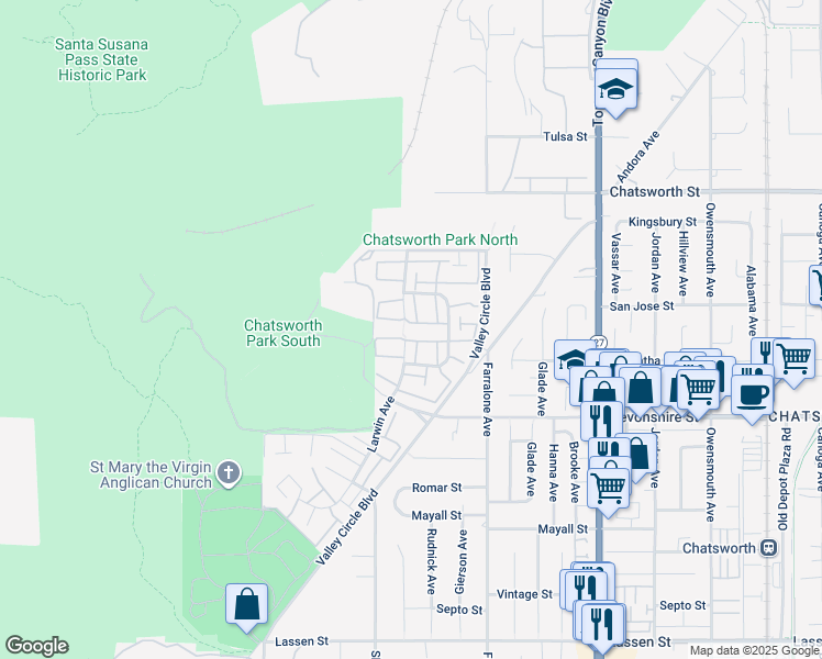 map of restaurants, bars, coffee shops, grocery stores, and more near 10426 Larwin Avenue in Los Angeles