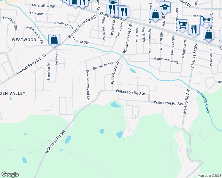 map of restaurants, bars, coffee shops, grocery stores, and more near 400 Wilkerson Road Southwest in Rome