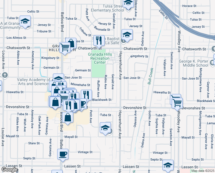 map of restaurants, bars, coffee shops, grocery stores, and more near 10430 Rubio Avenue in Los Angeles