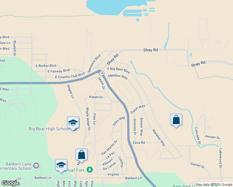 map of restaurants, bars, coffee shops, grocery stores, and more near 244 North Greenspot Road in Big Bear Lake