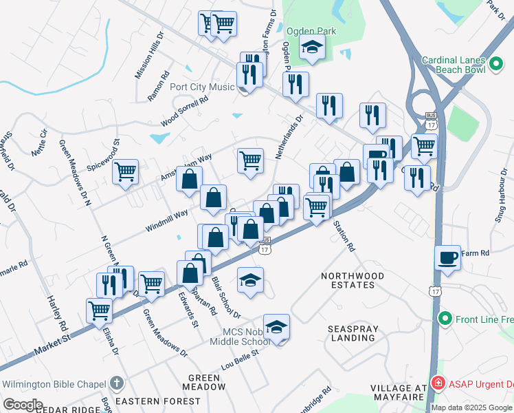 map of restaurants, bars, coffee shops, grocery stores, and more near 6704 Netherlands Drive in Wilmington