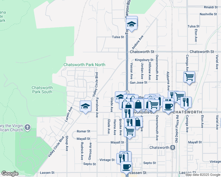 map of restaurants, bars, coffee shops, grocery stores, and more near 10430 Glade Avenue in Los Angeles