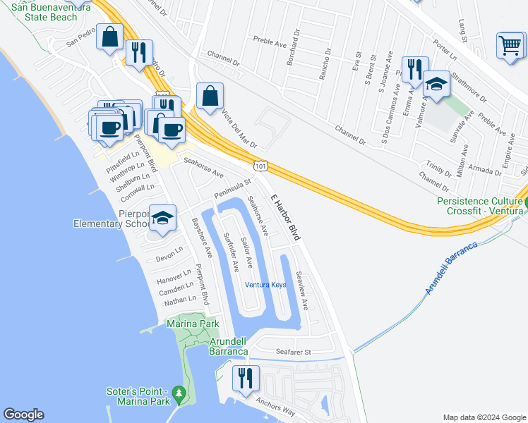map of restaurants, bars, coffee shops, grocery stores, and more near 932 Sand Court in Ventura