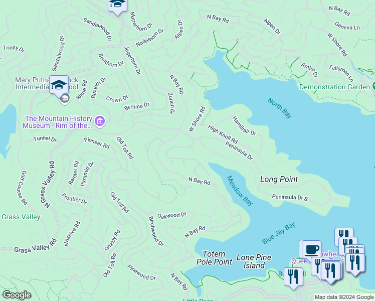 map of restaurants, bars, coffee shops, grocery stores, and more near 27513 Meadow Bay Drive in Lake Arrowhead