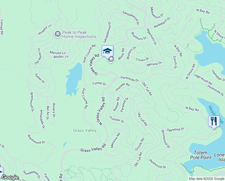 map of restaurants, bars, coffee shops, grocery stores, and more near 520 Pioneer Road in Lake Arrowhead