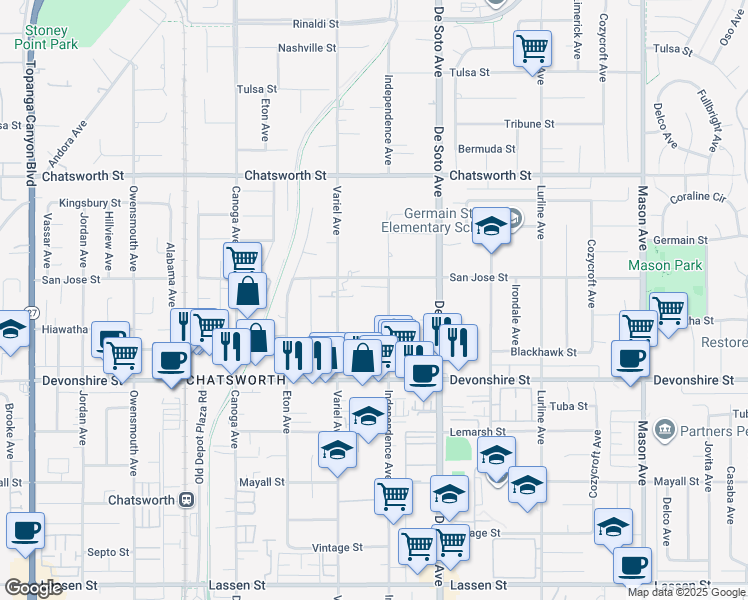 map of restaurants, bars, coffee shops, grocery stores, and more near 10435 Independence Avenue in Los Angeles