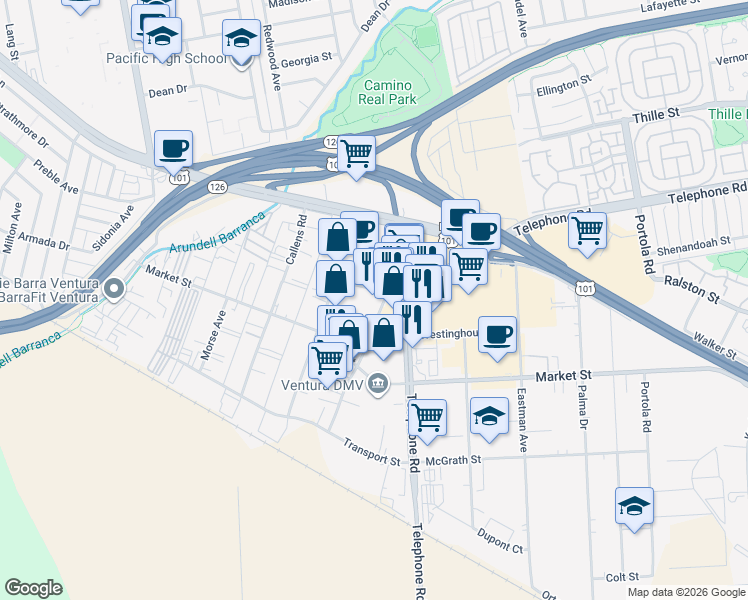 map of restaurants, bars, coffee shops, grocery stores, and more near 1363 Donlon Street in Ventura