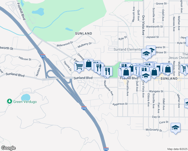 map of restaurants, bars, coffee shops, grocery stores, and more near 10521 Sunland Boulevard in Los Angeles