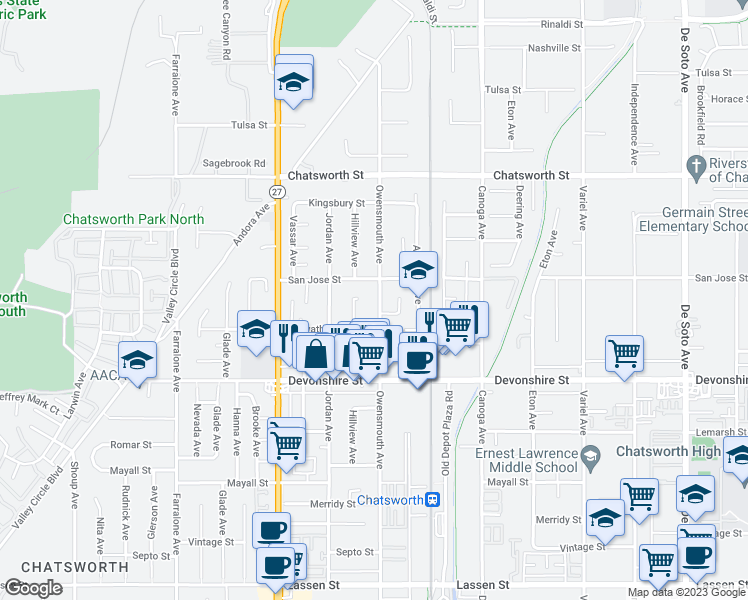 map of restaurants, bars, coffee shops, grocery stores, and more near 10435 Owensmouth Avenue in Los Angeles