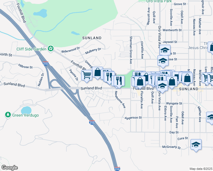 map of restaurants, bars, coffee shops, grocery stores, and more near 10521 Sunland Boulevard in Los Angeles