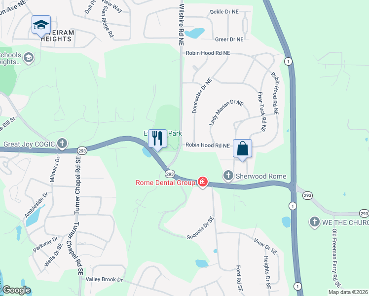 map of restaurants, bars, coffee shops, grocery stores, and more near 10 Wilshire Road Northeast in Rome