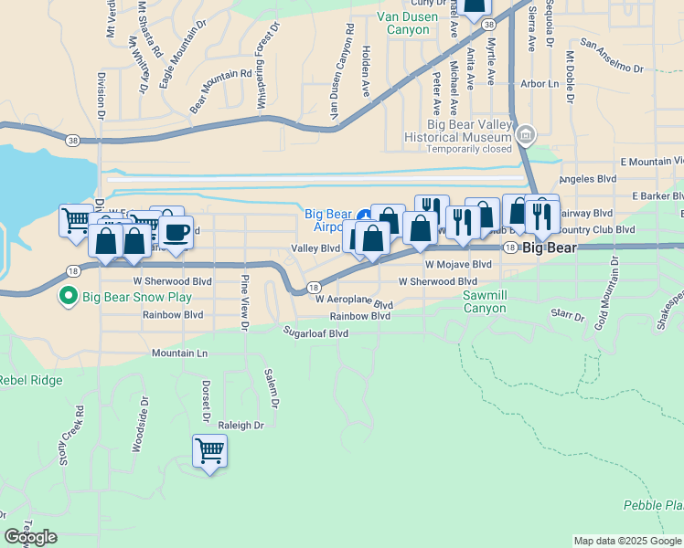 map of restaurants, bars, coffee shops, grocery stores, and more near 540 West Big Bear Boulevard in Big Bear