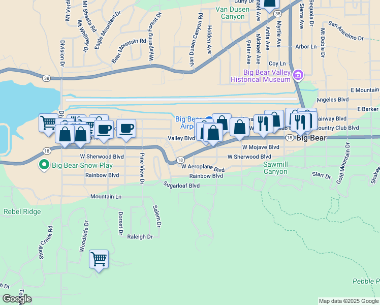 map of restaurants, bars, coffee shops, grocery stores, and more near 666 Bowles Drive in Big Bear
