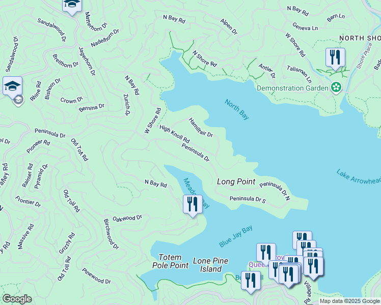 map of restaurants, bars, coffee shops, grocery stores, and more near 27657 Peninsula Drive in Lake Arrowhead