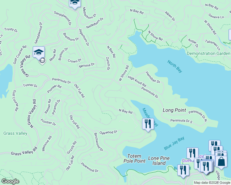 map of restaurants, bars, coffee shops, grocery stores, and more near 27539 Meadow Cove Court in Lake Arrowhead