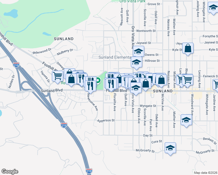 map of restaurants, bars, coffee shops, grocery stores, and more near 10500 Sherman Grove Avenue in Los Angeles