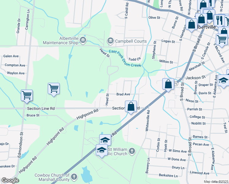 map of restaurants, bars, coffee shops, grocery stores, and more near 523A Brad Avenue in Albertville