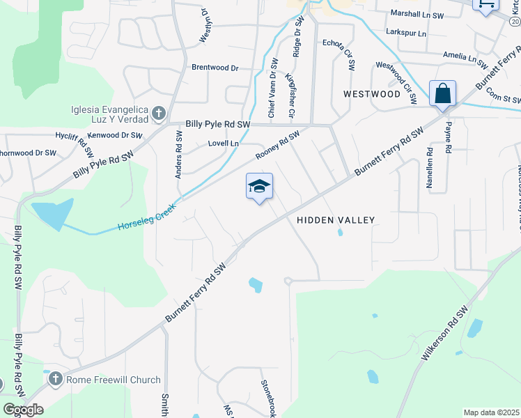 map of restaurants, bars, coffee shops, grocery stores, and more near 528 Burnett Ferry Road Southwest in Rome