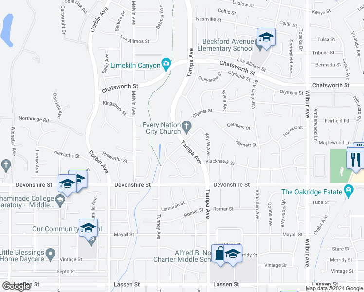 map of restaurants, bars, coffee shops, grocery stores, and more near 10494 Tunney Avenue in Los Angeles