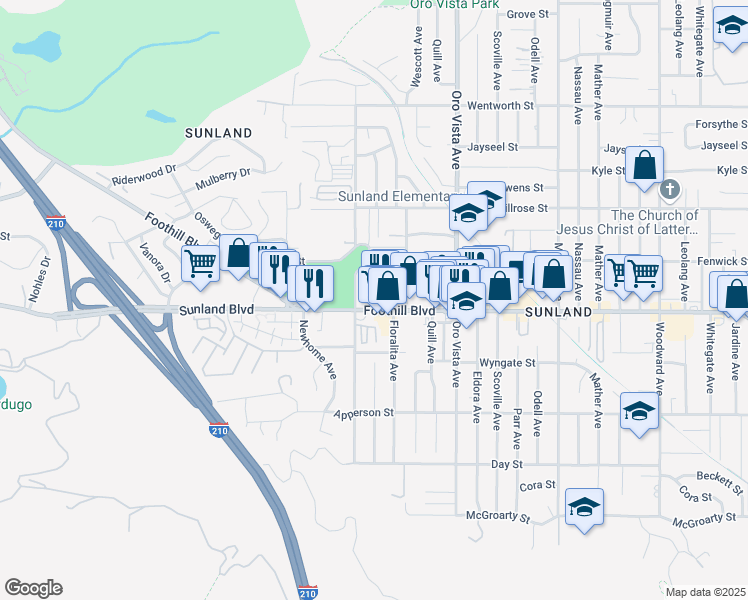 map of restaurants, bars, coffee shops, grocery stores, and more near 8541 Foothill Boulevard in Los Angeles