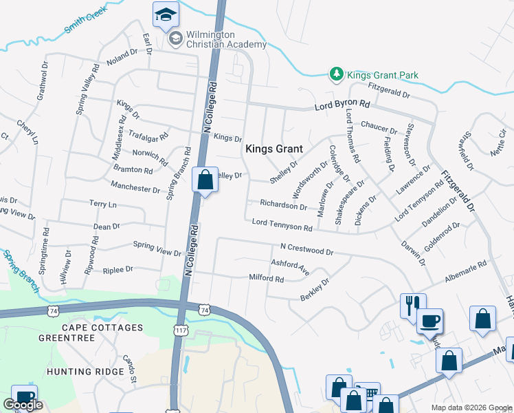 map of restaurants, bars, coffee shops, grocery stores, and more near 4910 Richardson Drive in Wilmington