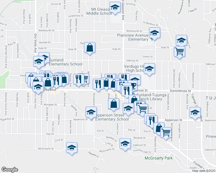 map of restaurants, bars, coffee shops, grocery stores, and more near 10514 Whitegate Avenue in Los Angeles