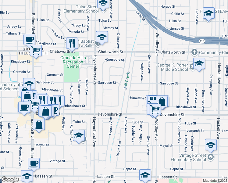 map of restaurants, bars, coffee shops, grocery stores, and more near 16502 Minnehaha Street in Los Angeles