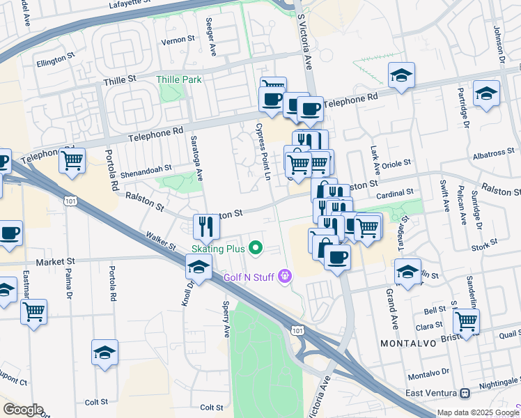 map of restaurants, bars, coffee shops, grocery stores, and more near 5654 Ralston Street in Ventura