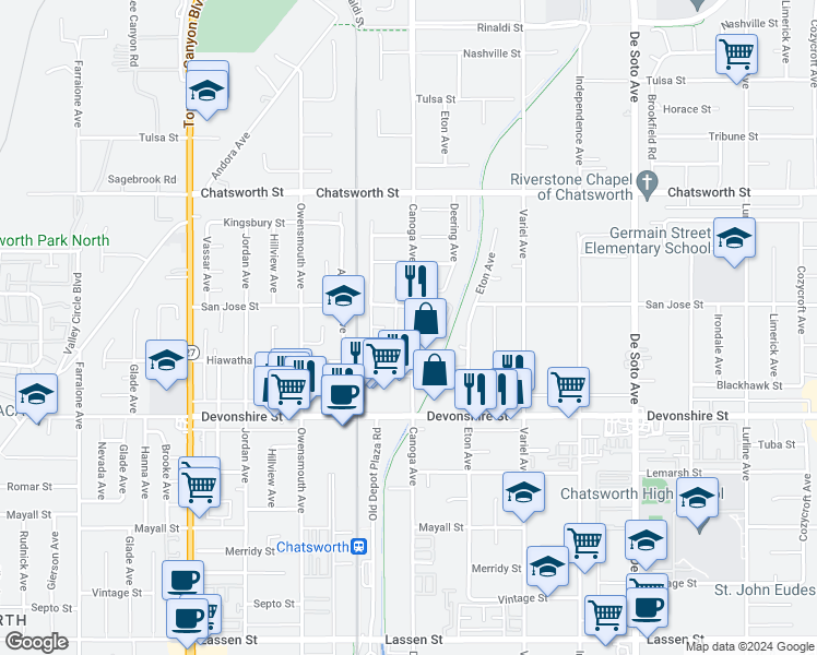 map of restaurants, bars, coffee shops, grocery stores, and more near 10445 Canoga Avenue in Los Angeles