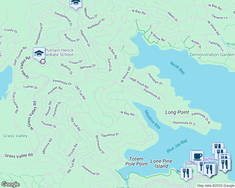 map of restaurants, bars, coffee shops, grocery stores, and more near 27513 Meadow Bay Drive in Lake Arrowhead