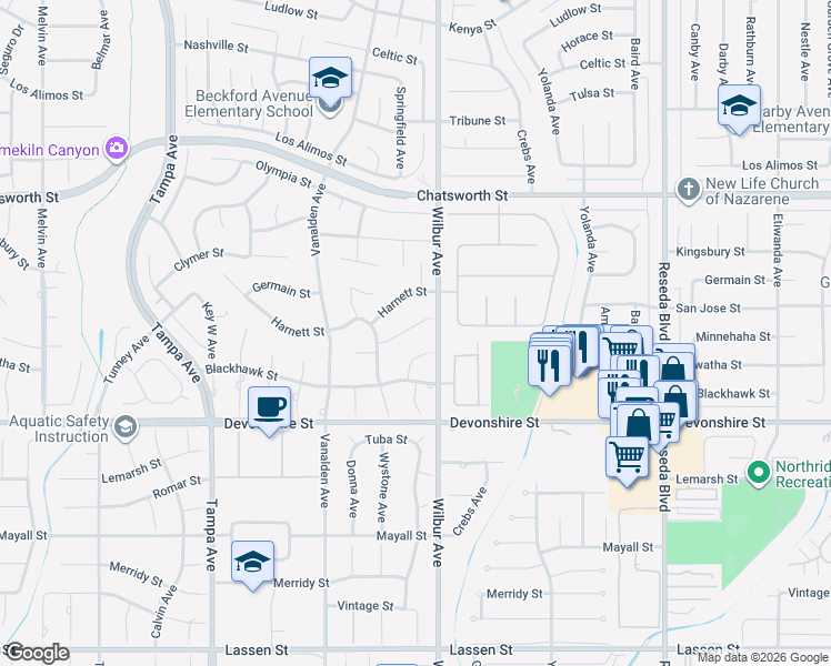 map of restaurants, bars, coffee shops, grocery stores, and more near 18926 San Jose Street in Los Angeles