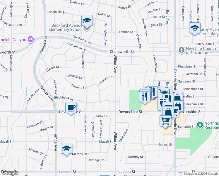 map of restaurants, bars, coffee shops, grocery stores, and more near 18926 San Jose Street in Los Angeles