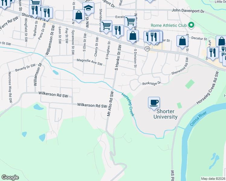 map of restaurants, bars, coffee shops, grocery stores, and more near 6 Mount Alto Road Southwest in Rome