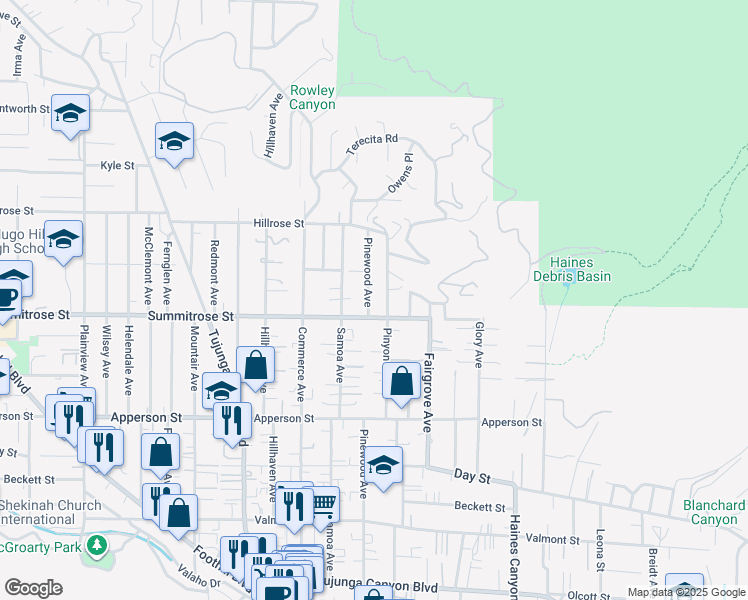 map of restaurants, bars, coffee shops, grocery stores, and more near 10520 Pinewood Avenue in Los Angeles
